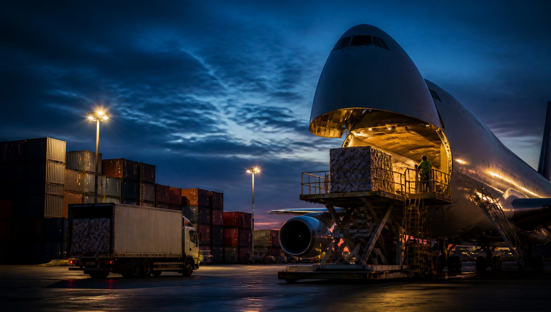 Cargo aircraft being loaded at an international freight terminal at dusk