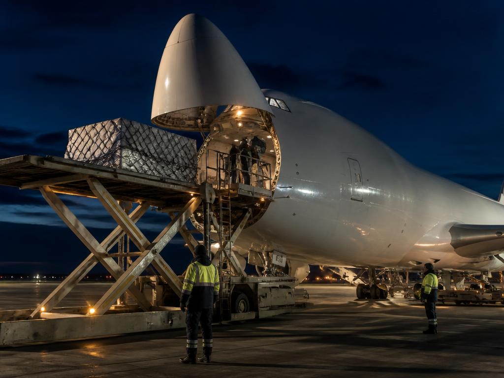 Freighter aircraft being loaded with cargo pallets at dusk