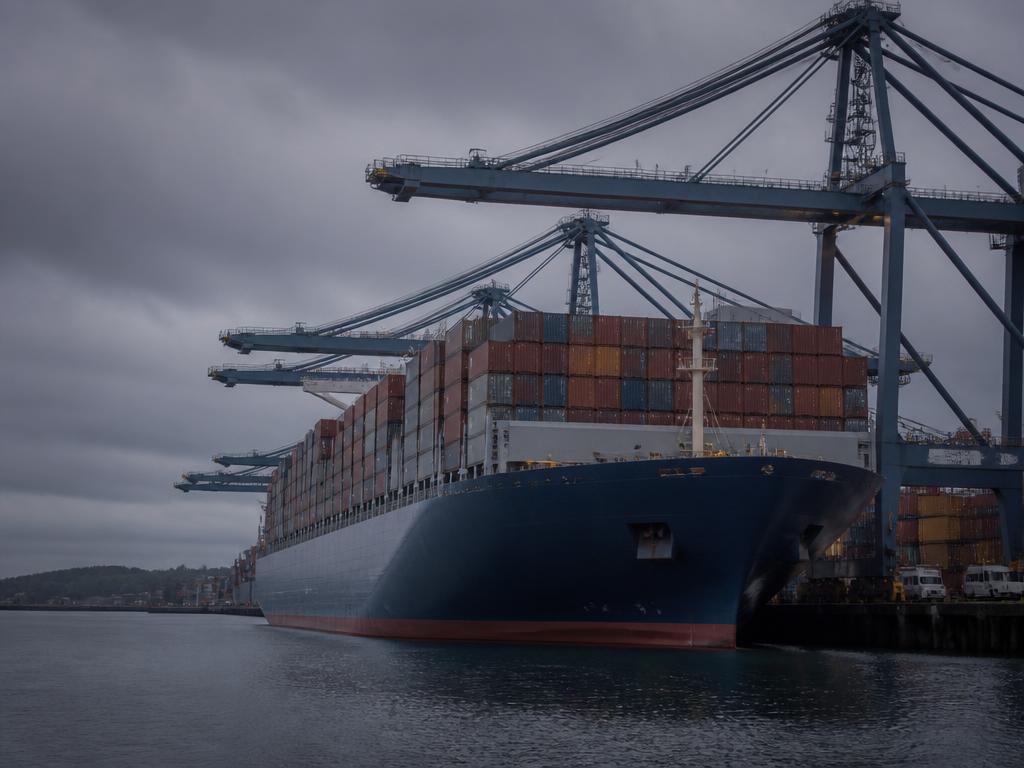 Container ship berthed under gantry cranes at a deep-sea terminal