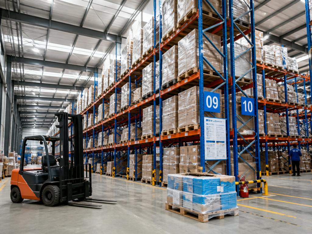 High-bay warehouse racking stacked with palletised freight